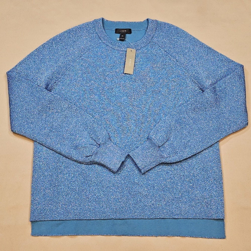 J Crew Blue Metallic Shimmer Sweater Womens XS‎ Side Slits Crew Neck NWT